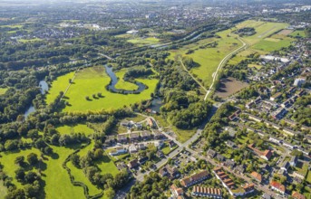 Aerial view, experience space, Hamm-Lippewiesen airfield, Lippe floodplain and river meander,