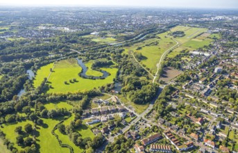 Aerial view, experience space, Hamm-Lippewiesen airfield, Lippe floodplain and river meander,