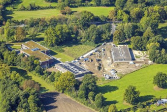 Aerial view, construction site with new day care centre of SVE Heessen, Schlossstraße, district