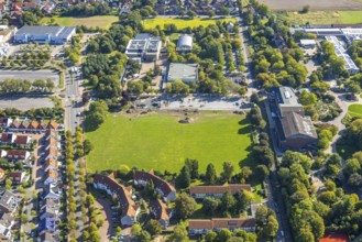 Aerial view, Freiherr-vom-Stein-Gymnasium and construction site, entrance area Maximilianpark,