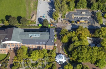 Aerial view, construction site and meadow at Freiherr-vom-Stein-Gymnasium, entrance area
