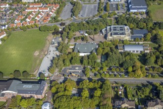 Aerial view, construction site and meadow at Freiherr-vom-Stein-Gymnasium, entrance area