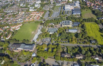 Aerial view, construction site and meadow at Freiherr-vom-Stein-Gymnasium, entrance area