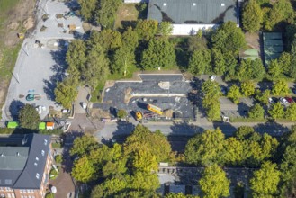 Aerial view, construction site and meadow at Freiherr-vom-Stein-Gymnasium, entrance area