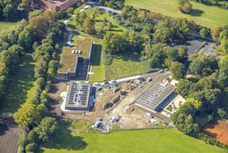 Aerial view, construction site with new day care centre of SVE Heessen, Schlossstraße, district