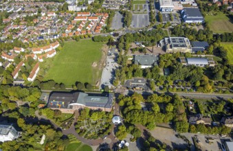Aerial view, construction site and meadow at Freiherr-vom-Stein-Gymnasium, entrance area