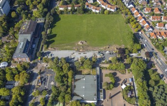 Aerial view, construction site and meadow at Freiherr-vom-Stein-Gymnasium, Uentrop, Hamm, Ruhr