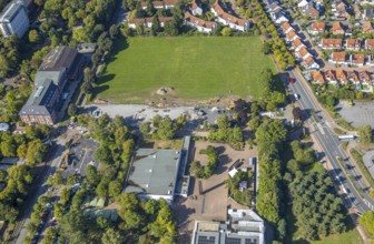 Aerial view, construction site and meadow at Freiherr-vom-Stein-Gymnasium, Uentrop, Hamm, Ruhr
