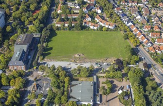 Aerial view, construction site and meadow at Freiherr-vom-Stein-Gymnasium, Uentrop, Hamm, Ruhr