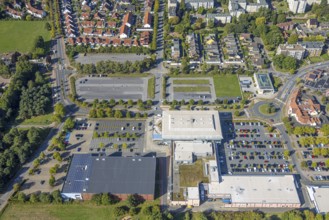 Aerial view, Ostwennemarstraße shopping centre, car parks, Uentrop, Hamm, Ruhr area, North