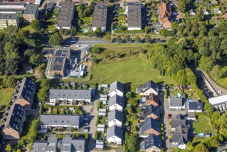 Aerial view, construction site with new building day care centre Villa Kunterbunt at