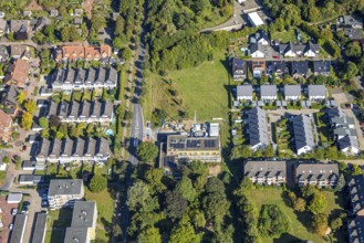Aerial view, construction site with new building day care centre Villa Kunterbunt at