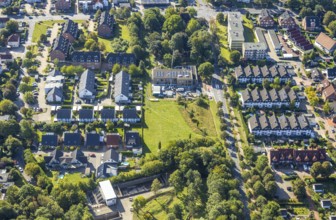 Aerial view, construction site with new building day care centre Villa Kunterbunt at