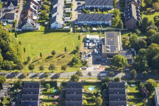 Aerial view, construction site with new building day care centre Villa Kunterbunt at