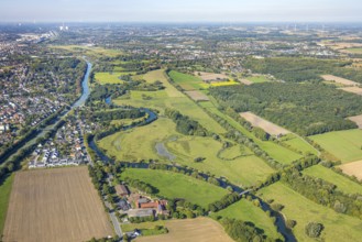 Aerial view, new residential area Friedrichsfeld and Im Fuchswinkel, river Lippe river meander and