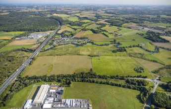Aerial view, river Lippe river meander meadow landscape Schmehauser Mersch, motorway A2, meadows
