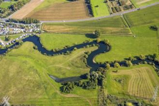 Aerial view, river Lippe river meander floodplain landscape Schmehauser Mersch, meadows and fields,