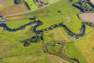 Aerial view, river Lippe river meander floodplain landscape Schmehauser Mersch, meadows and fields,