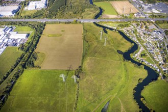 Aerial view, river Lippe river meander meadow landscape Schmehauser Mersch, motorway A2, meadows