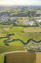 Aerial view, river Lippe river meander floodplain landscape Schmehauser Mersch, meadows and fields,