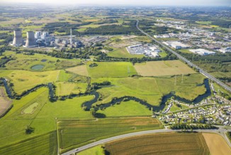 Aerial view, river Lippe river meander floodplain landscape Schmehauser Mersch, meadows and fields,