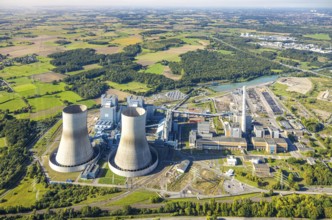 Aerial view, RWE power plant Westfalen, meadows and agricultural fields, distant view, Eilmsen,