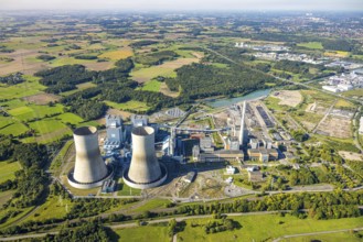 Aerial view, RWE power plant Westfalen, meadows and agricultural fields, distant view, Eilmsen,