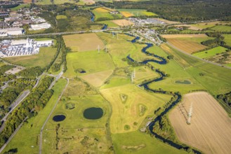 Aerial view, river Lippe river meander meadow landscape Schmehauser Mersch, meadows and fields,