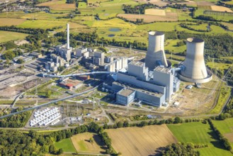 Aerial view, RWE power plant Westfalen, meadows and agricultural fields, distant view, Eilmsen,