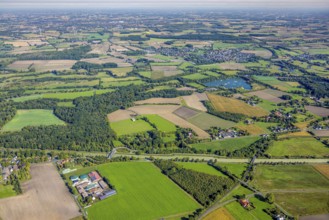 Aerial view, meadows and fields at the Datteln-Hamm canal with bridge Alter Uentroper Weg and old