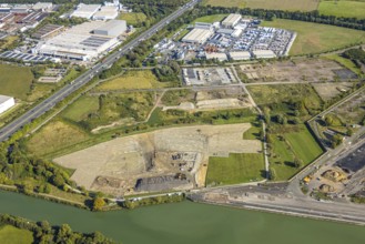 Aerial view, commercial area Siegenbeckstraße, construction site Geithe, planned motorway A2