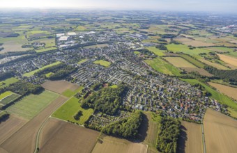 Aerial view, residential area, view of Rhynern district, behind the commercial area Oberster Kamp,