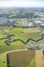 Aerial view, river Lippe river meander floodplain landscape Schmehauser Mersch, meadows and fields,