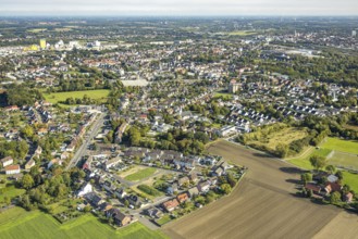Aerial view, residential area Hamm-Westen with Kamener Straße and view to the harbour, district