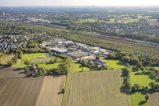 Aerial view, Hamm marshalling yard, Schieferstraße industrial estate, meadows and fields at
