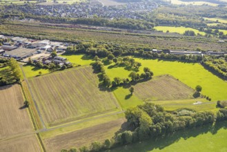 Aerial view, Hamm marshalling yard, Schieferstraße industrial estate, Daberg meadows and fields on