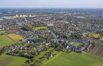 Aerial view, residential area Hamm-Westen with Kamener Straße and view to the harbour, district