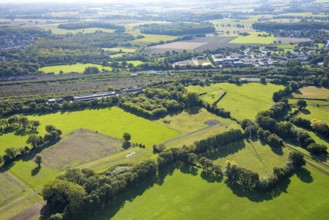 Aerial view, marshalling yard Hamm, meadows and fields Daberg, at Wiescher Bach, district Pelkum,