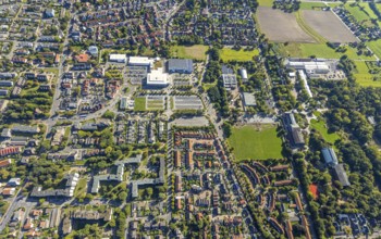 Aerial view, Freiherr-vom-Stein-Gymnasium Hamm with construction site and meadow area, entrance
