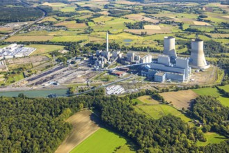 Aerial view, RWE power plant Westfalen, meadows and agricultural fields, distant view, Eilmsen,