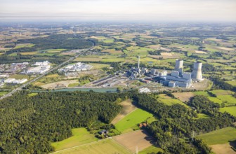 Aerial view, RWE power plant Westfalen, meadows and agricultural fields, distant view, Eilmsen,