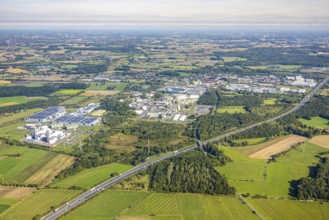 Aerial view, motorway A2 and rest area Im Großen Klei with forest, industrial area Trianelstraße,