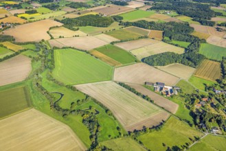 Aerial view, meadows and fields, Vöckinghausen, view to Hamm, district Rhynern, Hamm, Ruhr area,