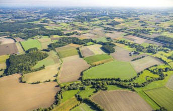 Aerial view, meadows and fields, Vöckinghausen, view to RWE power plant Westfalen and motorway A2,