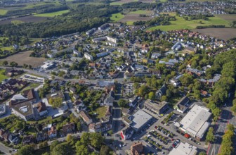 Aerial view, Herringen centre, shopping centre Herringen with supermarket DM, Edeka Weber and Aldi,