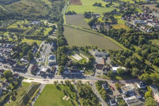 Aerial view, DitiB Ulu Camii Mosque next to the Barbara Stadium, district Herringen, Hamm, Ruhr