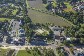 Aerial view, DitiB Ulu Camii Mosque next to the Barbara Stadium, district Herringen, Hamm, Ruhr