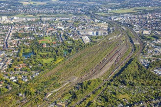 Aerial view, Hamm marshalling yard, Friedrich-Ebert-Park with lake, Elisabeth-Lüders-Berufskolleg