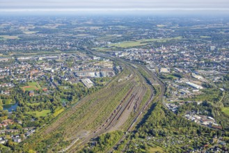 Aerial view, Hamm marshalling yard, view to the city and to the main station, commercial area