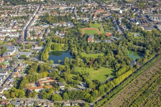 Aerial view, Friedrich-Ebert-Park with lake, Elisabeth-Lüders-Berufskolleg with sports field